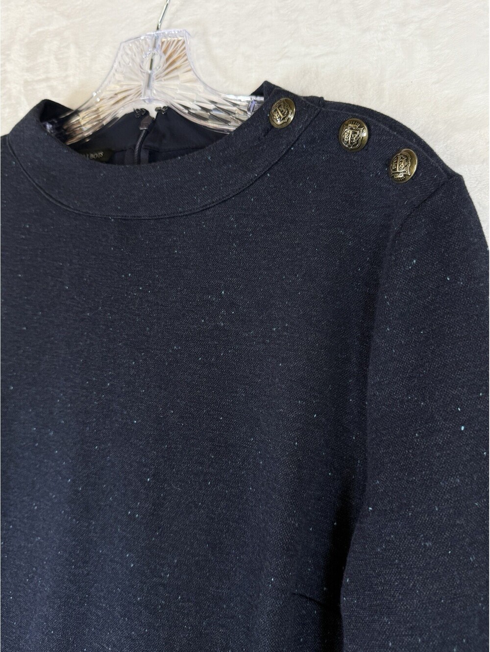 Talbots Dress Medium Shift Navy Blue Knit 3/4 Sleeve Heathered Button Womens